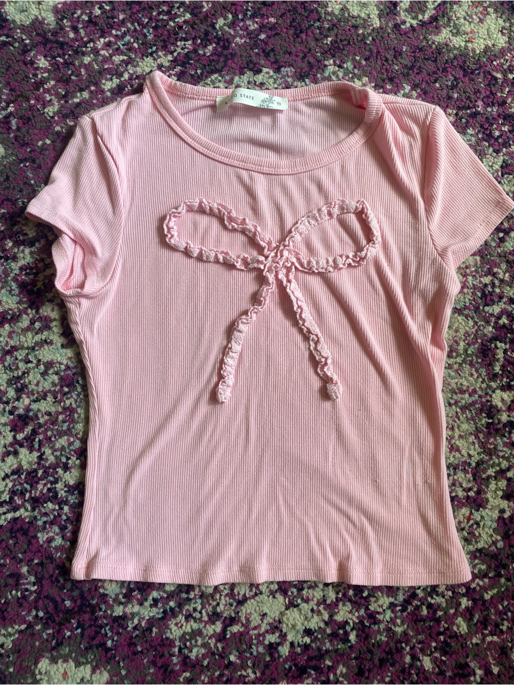 Altar'd State Pastel Pink Ribbed Tee with Ruffle Bow